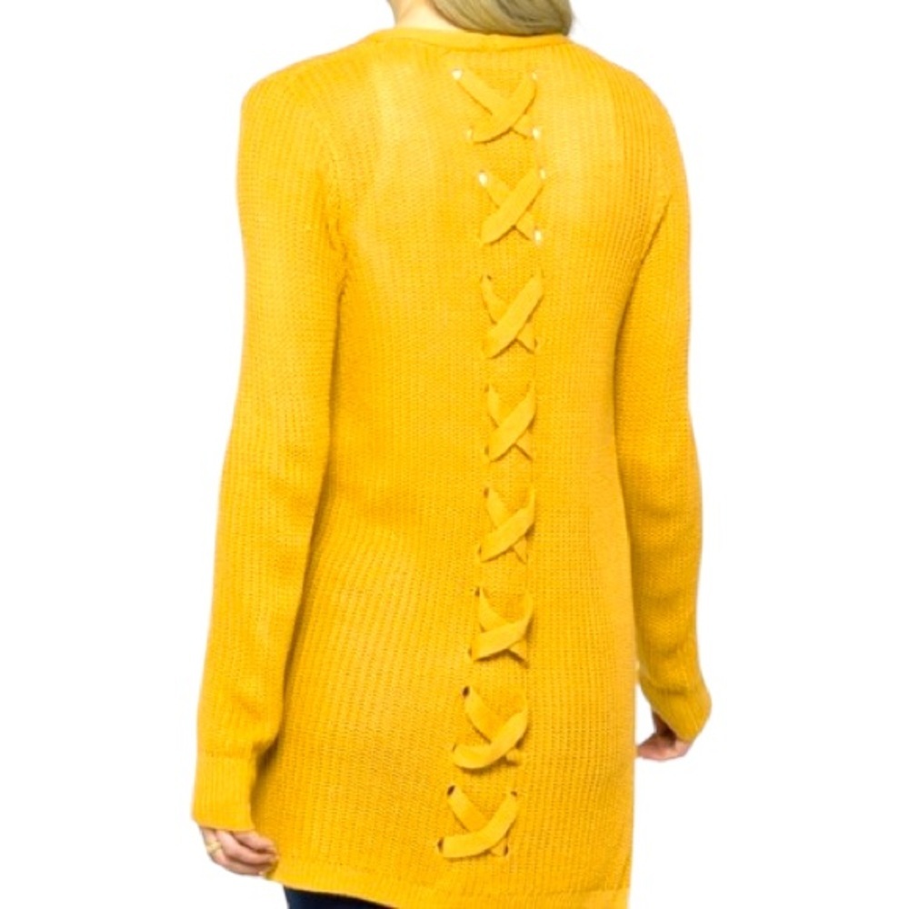 Pinque Mustard Yellow Cardigan Open Front Chunky Knit CrissCross Cardigan